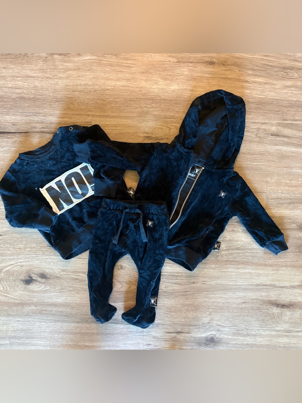 Nununu 3Piece Navy Velour Baby Set - Hoodie, Sweatshirt & Footed Pants